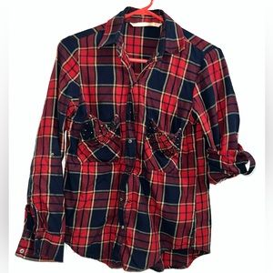 Zara Woman, red plaid, studded chest, snap-up button shirt, size medium